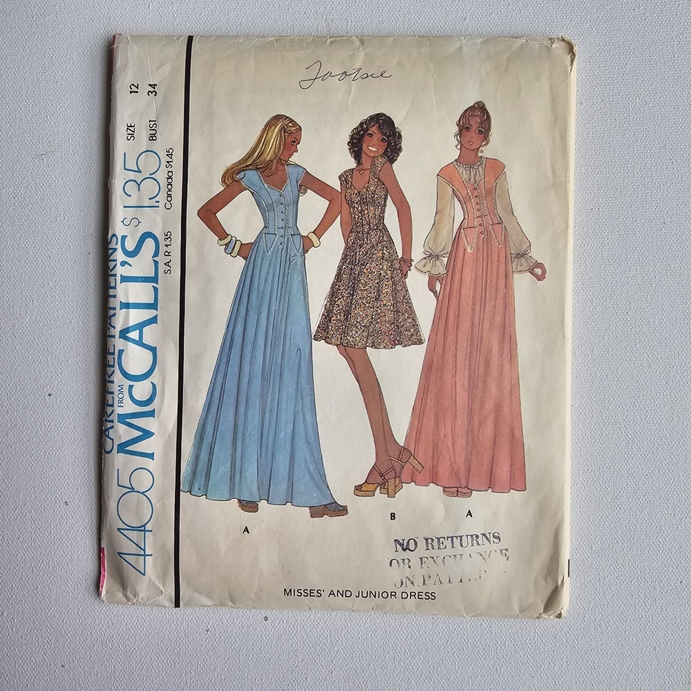 1970s Vintage B34" McCalls 4405 Prairie Cottagecore Dress Sewing Pattern